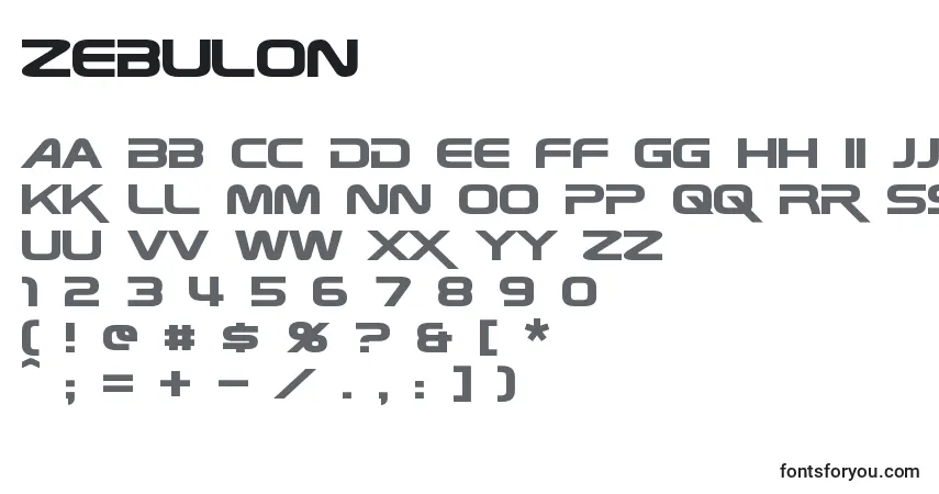 Zebulon-fontti – aakkoset, numerot, erikoismerkit