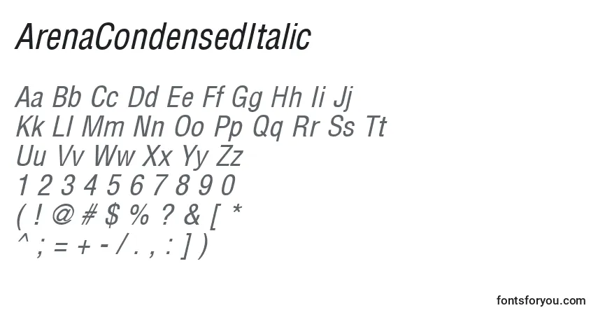 Шрифт ArenaCondensedItalic – алфавит, цифры, специальные символы