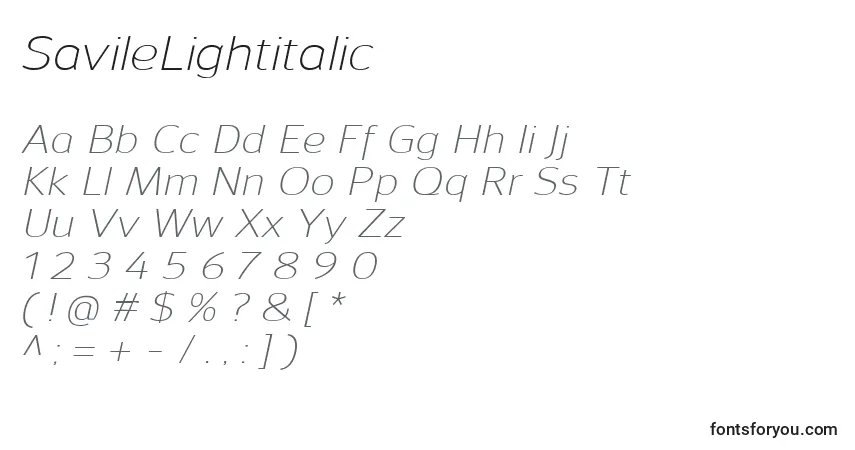 Czcionka SavileLightitalic – alfabet, cyfry, specjalne znaki