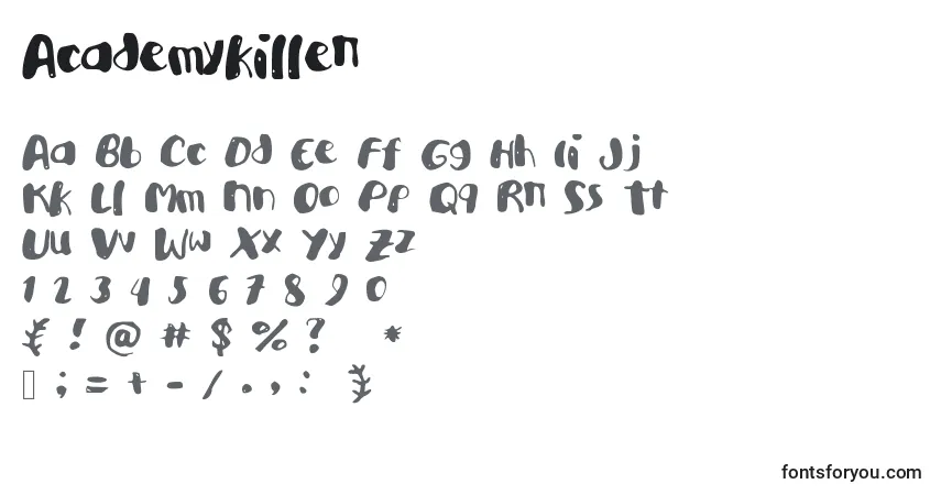 A fonte Academykiller – alfabeto, números, caracteres especiais