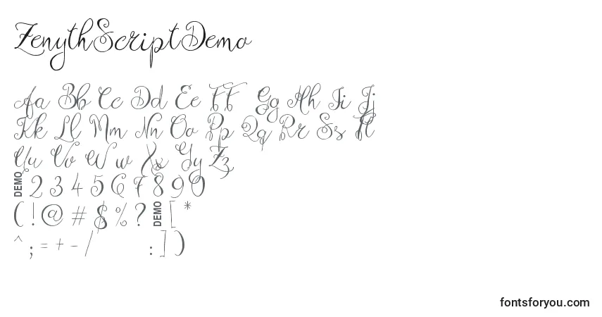 Шрифт ZenythScriptDemo – алфавит, цифры, специальные символы