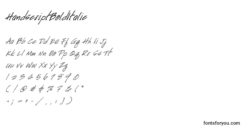 Czcionka HandscriptBoldItalic – alfabet, cyfry, specjalne znaki