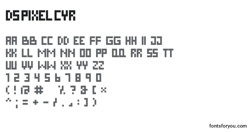 Czcionka DsPixelCyr – alfabet, cyfry, specjalne znaki