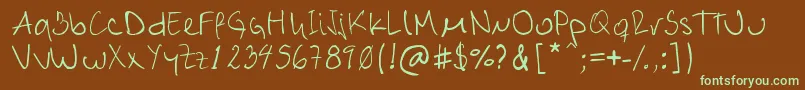 フォントAlex – 緑色の文字が茶色の背景にあります。