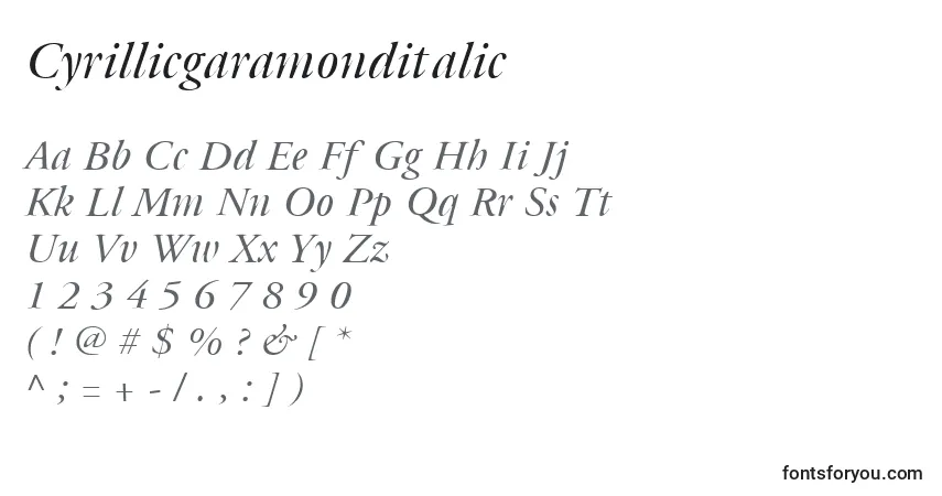 A fonte Cyrillicgaramonditalic – alfabeto, números, caracteres especiais