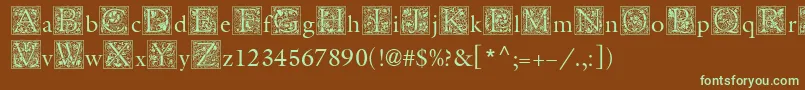 フォントMedievalInitialTwo – 緑色の文字が茶色の背景にあります。