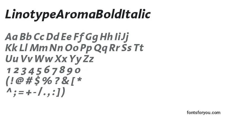 Czcionka LinotypeAromaBoldItalic – alfabet, cyfry, specjalne znaki