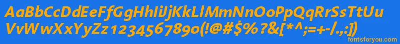 LinotypeAromaBoldItalic-Schriftart – Orangefarbene Schriften auf blauem Hintergrund