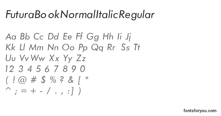 A fonte FuturaBookNormalItalicRegular – alfabeto, números, caracteres especiais