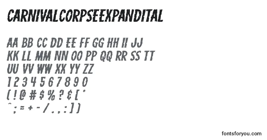 Schriftart Carnivalcorpseexpandital – Alphabet, Zahlen, spezielle Symbole