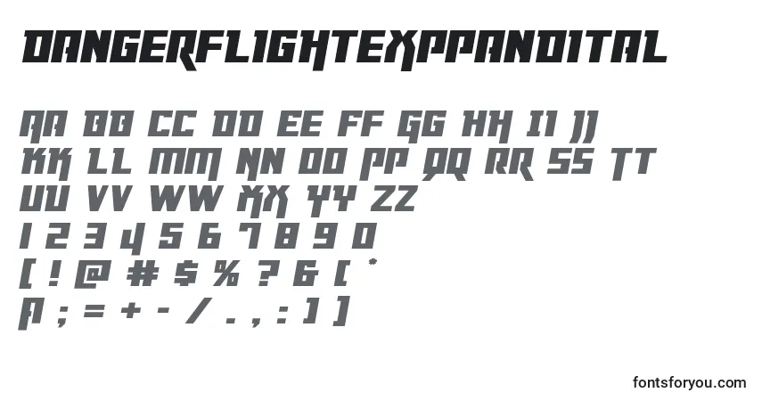 Шрифт Dangerflightexppandital – алфавит, цифры, специальные символы