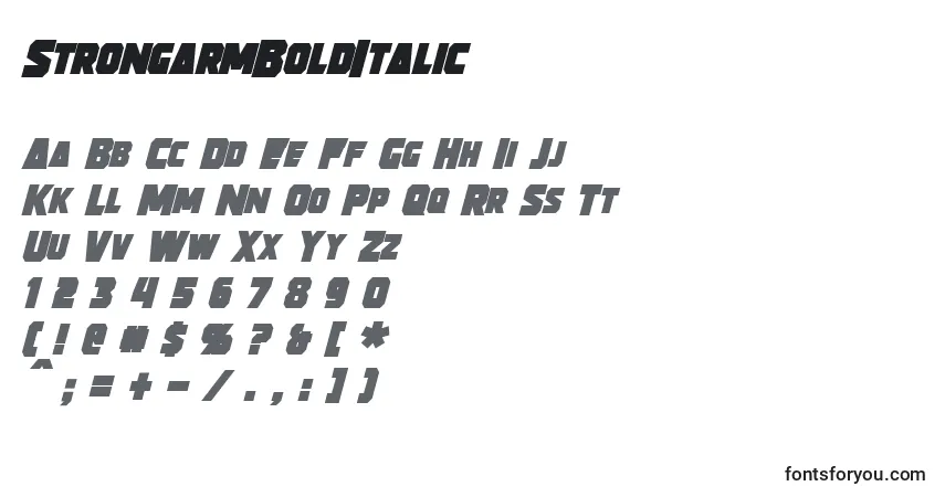 Czcionka StrongarmBoldItalic – alfabet, cyfry, specjalne znaki