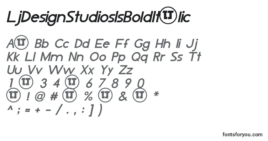 Czcionka LjDesignStudiosIsBoldItalic – alfabet, cyfry, specjalne znaki
