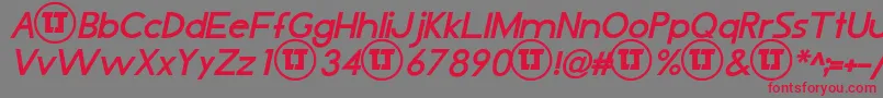 フォントLjDesignStudiosIsBoldItalic – 赤い文字の灰色の背景