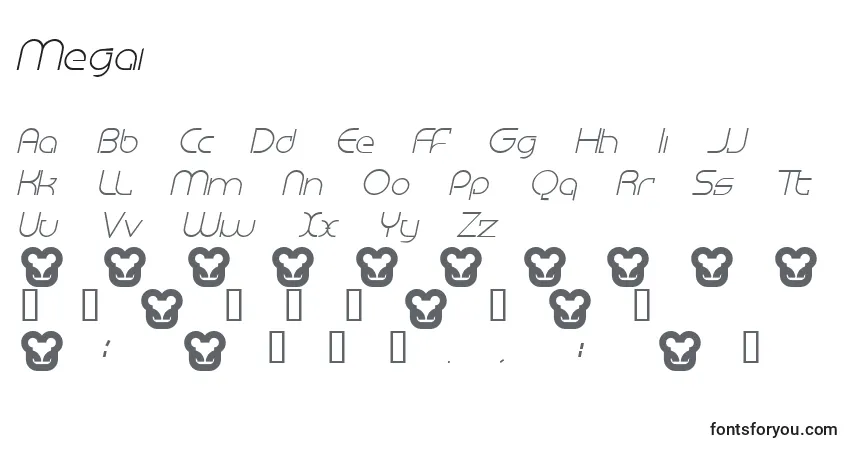 A fonte Megai – alfabeto, números, caracteres especiais