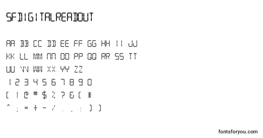 A fonte Sfdigitalreadout – alfabeto, números, caracteres especiais