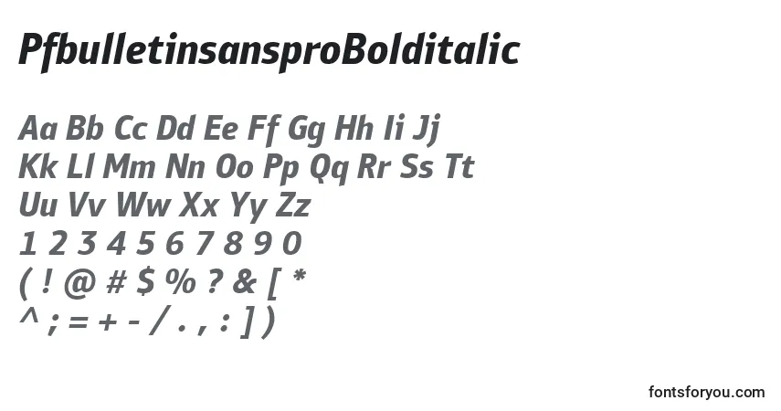 Czcionka PfbulletinsansproBolditalic – alfabet, cyfry, specjalne znaki