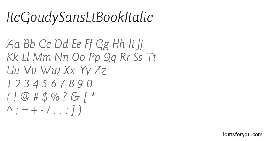 Шрифт ItcGoudySansLtBookItalic – алфавит, цифры, специальные символы
