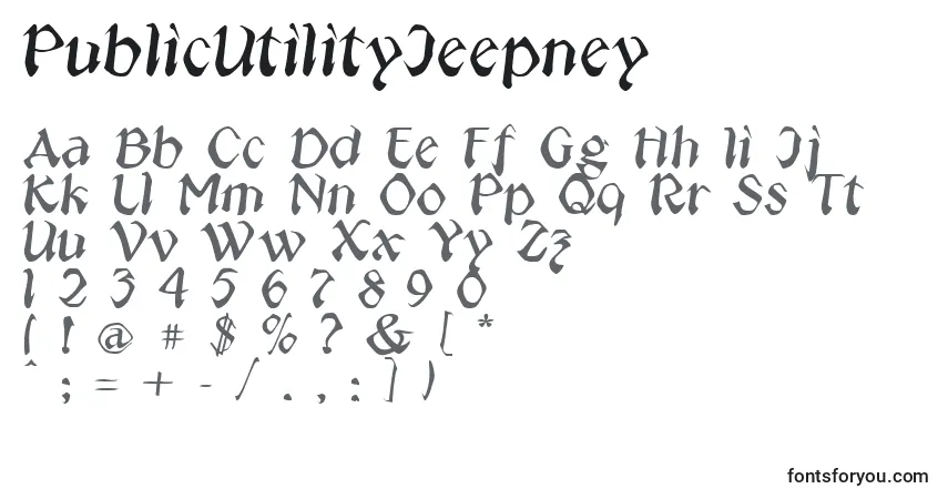 Schriftart PublicUtilityJeepney – Alphabet, Zahlen, spezielle Symbole