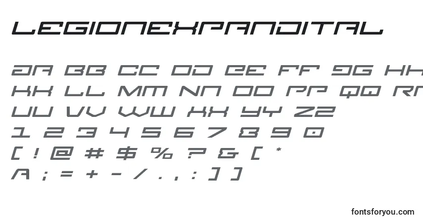 Шрифт Legionexpandital – алфавит, цифры, специальные символы