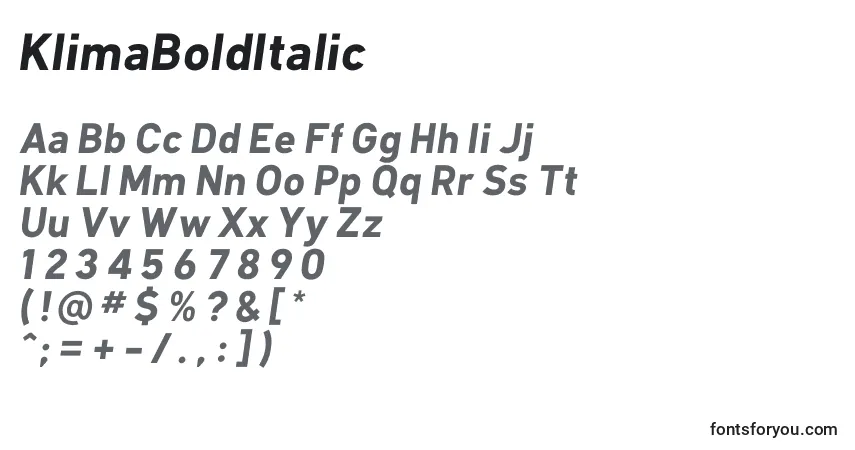 Czcionka KlimaBoldItalic – alfabet, cyfry, specjalne znaki
