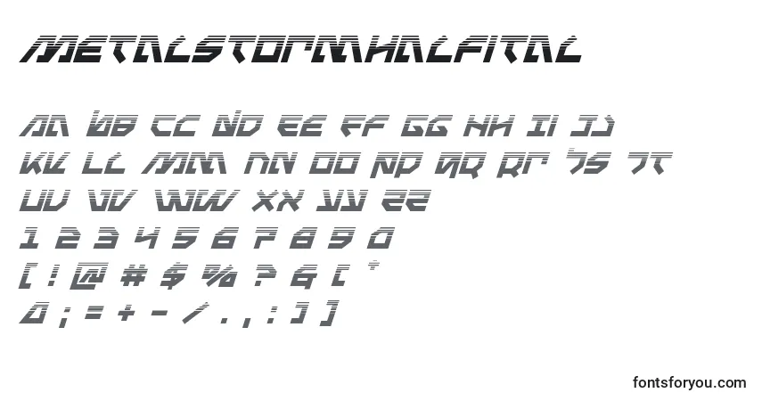 Schriftart Metalstormhalfital – Alphabet, Zahlen, spezielle Symbole