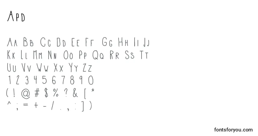 Schriftart Apd – Alphabet, Zahlen, spezielle Symbole