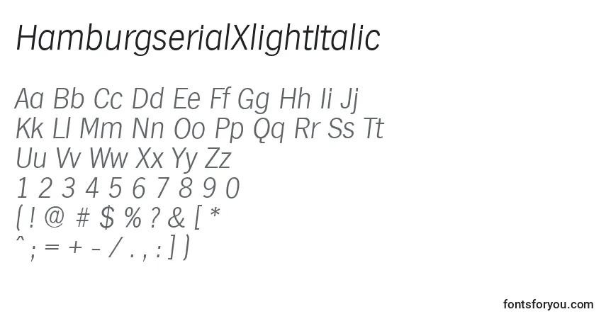 Шрифт HamburgserialXlightItalic – алфавит, цифры, специальные символы