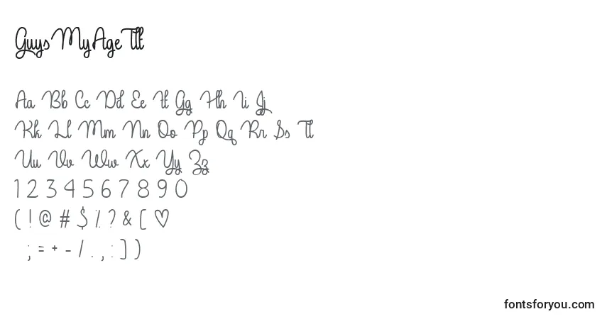 Czcionka GuysMyAgeTtf – alfabet, cyfry, specjalne znaki