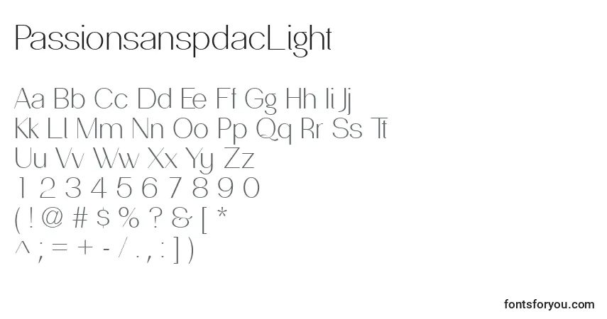 Schriftart PassionsanspdacLight – Alphabet, Zahlen, spezielle Symbole