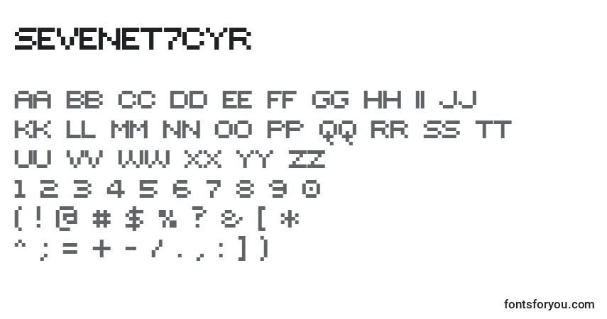 Czcionka Sevenet7Cyr – alfabet, cyfry, specjalne znaki