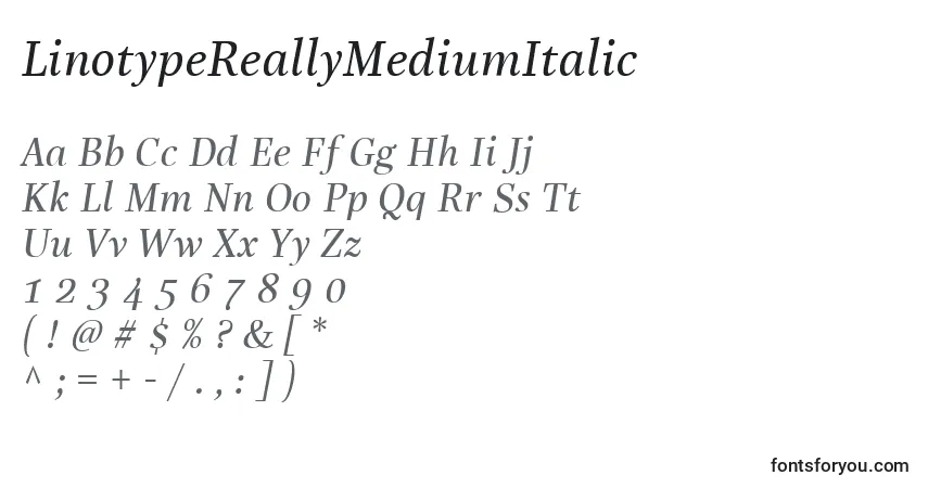 A fonte LinotypeReallyMediumItalic – alfabeto, números, caracteres especiais