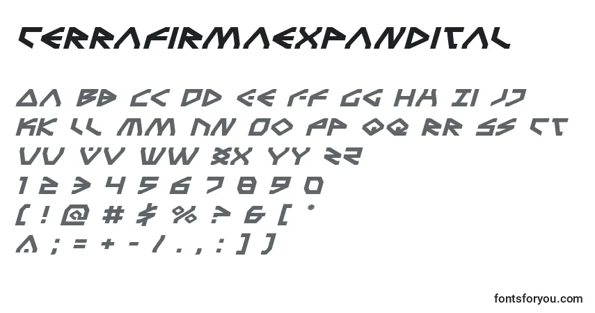 Schriftart Terrafirmaexpandital – Alphabet, Zahlen, spezielle Symbole