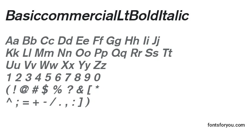 A fonte BasiccommercialLtBoldItalic – alfabeto, números, caracteres especiais
