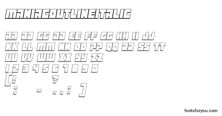 Schriftart ManiacoutlineItalic – Alphabet, Zahlen, spezielle Symbole