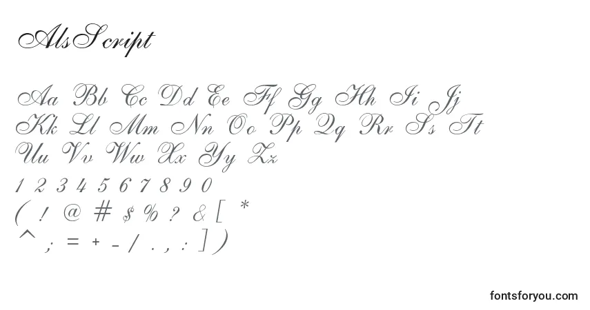 Czcionka AlsScript – alfabet, cyfry, specjalne znaki