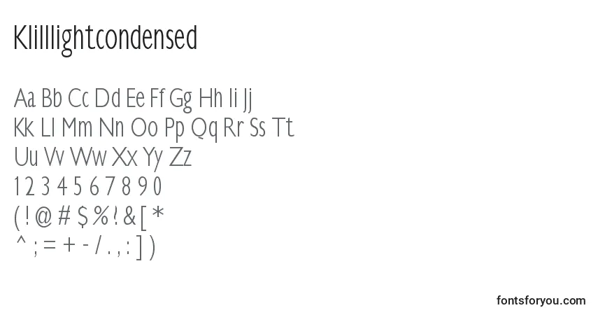 A fonte Klilllightcondensed – alfabeto, números, caracteres especiais