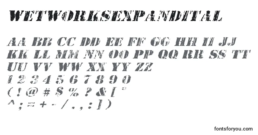 Шрифт Wetworksexpandital – алфавит, цифры, специальные символы