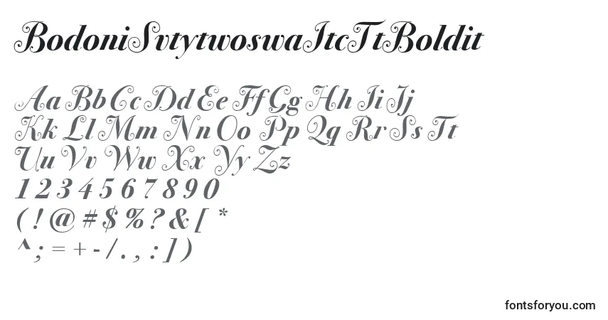 Шрифт BodoniSvtytwoswaItcTtBoldit – алфавит, цифры, специальные символы