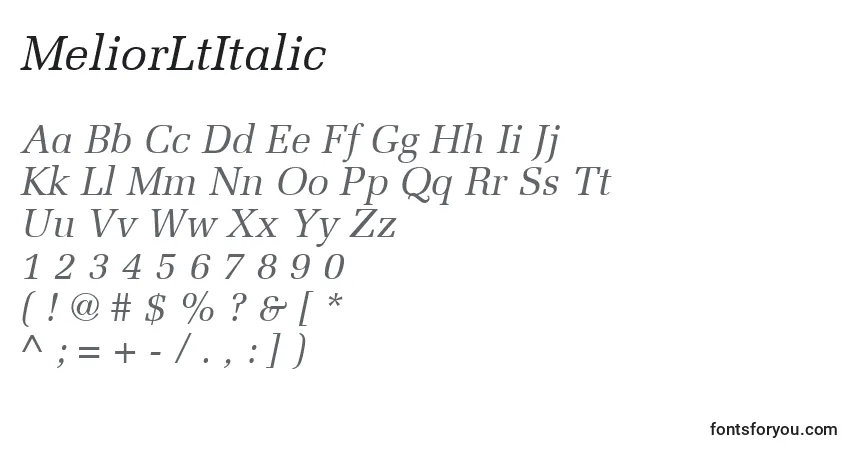 A fonte MeliorLtItalic – alfabeto, números, caracteres especiais