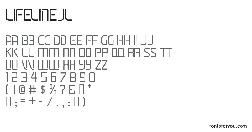 A fonte LifelineJl – alfabeto, números, caracteres especiais