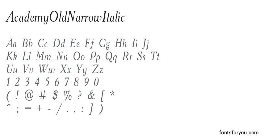 Czcionka AcademyOldNarrowItalic – alfabet, cyfry, specjalne znaki