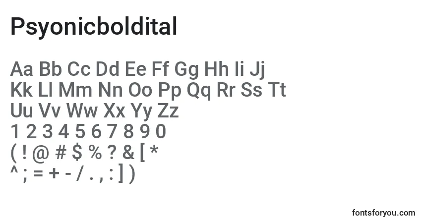 Schriftart Psyonicboldital – Alphabet, Zahlen, spezielle Symbole