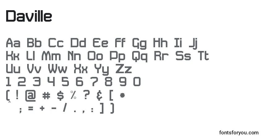 Czcionka Daville – alfabet, cyfry, specjalne znaki