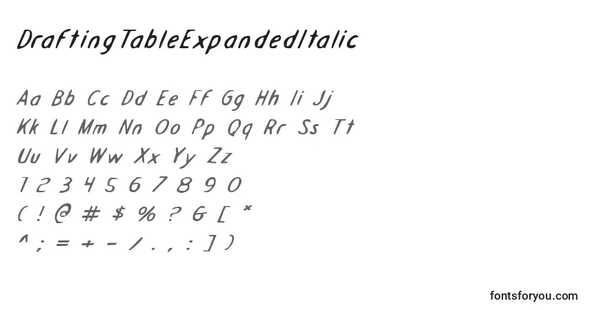 A fonte DraftingTableExpandedItalic – alfabeto, números, caracteres especiais