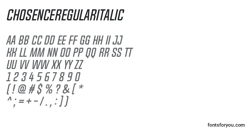 Schriftart ChosenceRegularItalic – Alphabet, Zahlen, spezielle Symbole