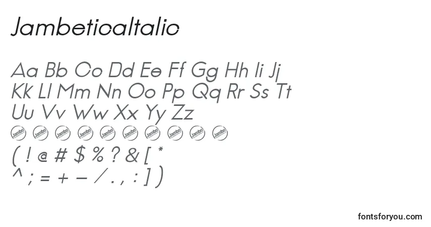 Czcionka JambeticaItalic – alfabet, cyfry, specjalne znaki