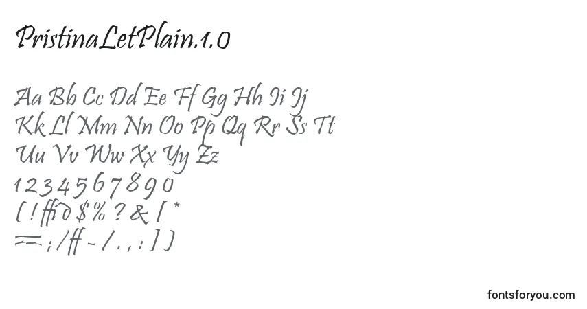 Czcionka PristinaLetPlain.1.0 – alfabet, cyfry, specjalne znaki