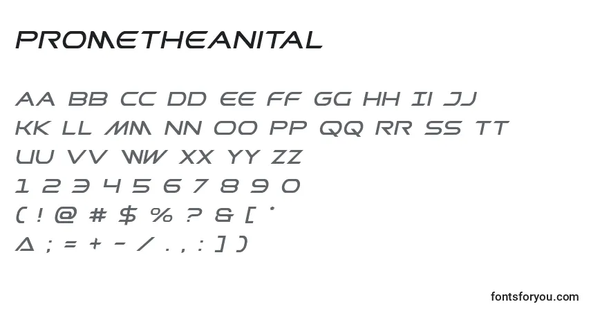 Czcionka Prometheanital – alfabet, cyfry, specjalne znaki
