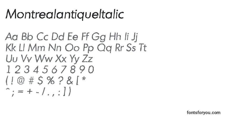 Шрифт MontrealantiqueItalic – алфавит, цифры, специальные символы
